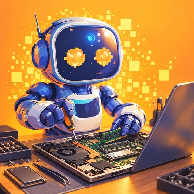 La mascotte SGI répare un ordinateur portable ouvert