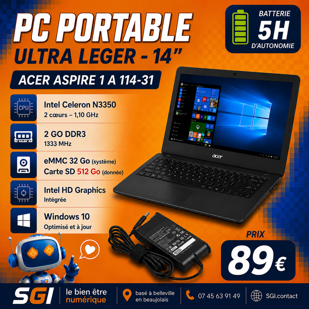 PC Portable - Ultra léger - 14" - Ultraportable - 512Go - 5 heurs d'autonomie