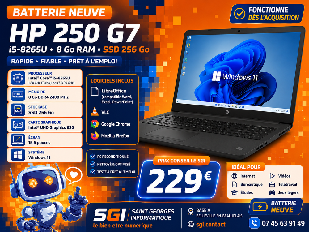 PC PORTABLE HP 250 G7 NOTEBOOK – Batterie neuve - Windows 11