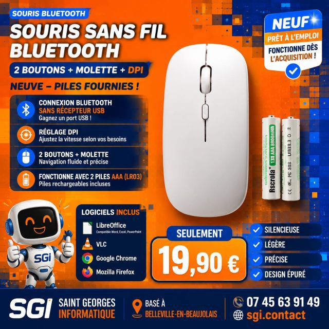Souris Bluetooth – 2 boutons + molette – DPI réglable – Piles LR03 incluses