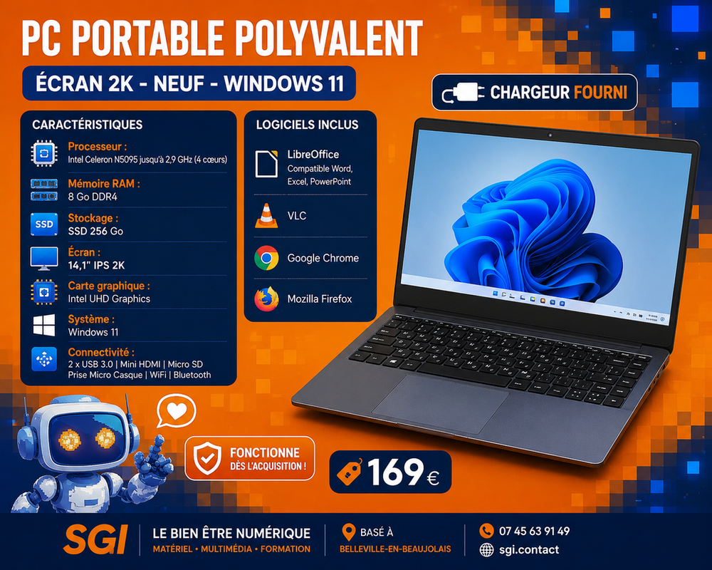 PC Portable Polyvalent - Neuf - Écran 2K - Windows 11