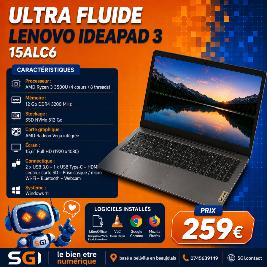 PC Portable LENOVO IdeaPad 3 15ALC6 - Ultra fluide - Vidéo 4K - Très bon état