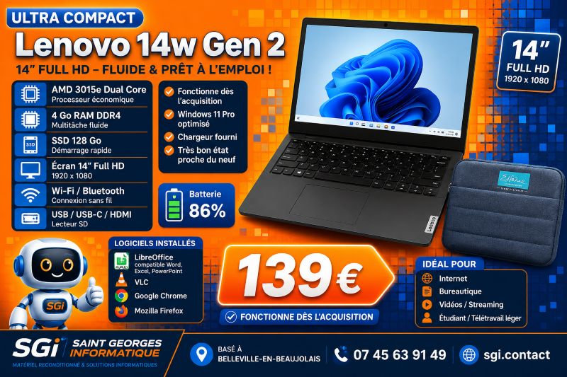 Lenovo 14w Gen 2 – SSD – Housse incluse