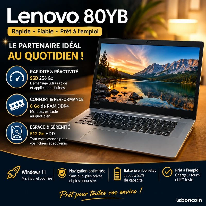 PC portable Lenovo 15,6" – SSD + HDD – 8 Go RAM – Windows 11 – Très bon état