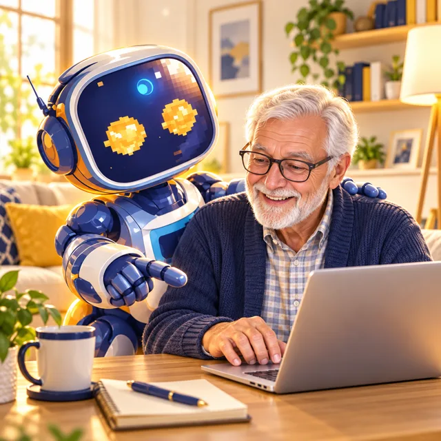 La mascotte SGI accompagne une personne sur son ordinateur à domicile