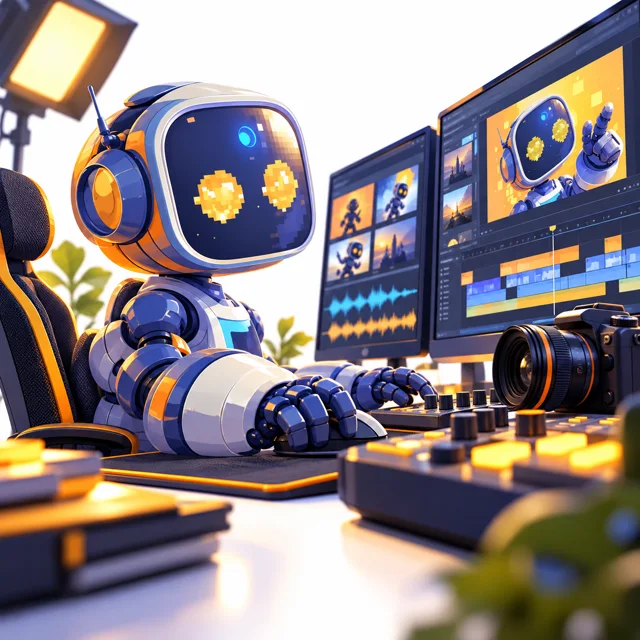 La mascotte SGI à son poste de montage vidéo, vue sous un angle latéral