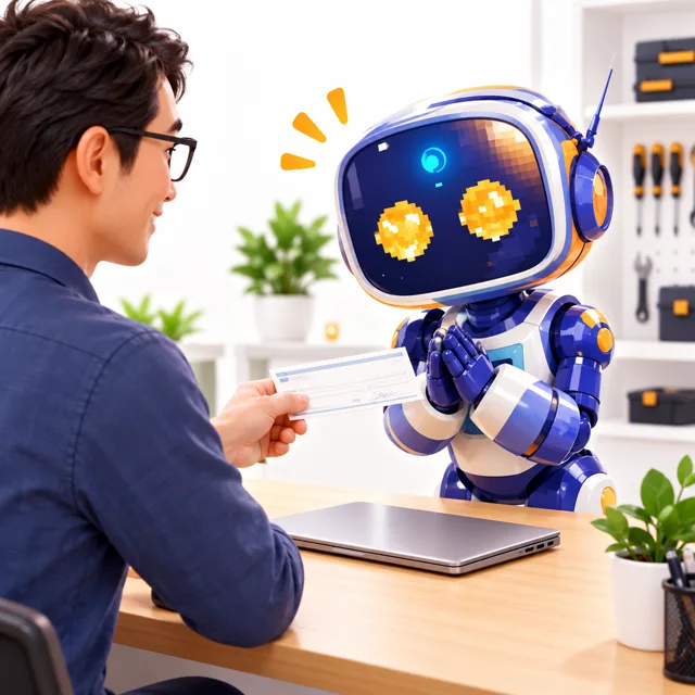 Un client remet son règlement au robot SGI qui le remercie