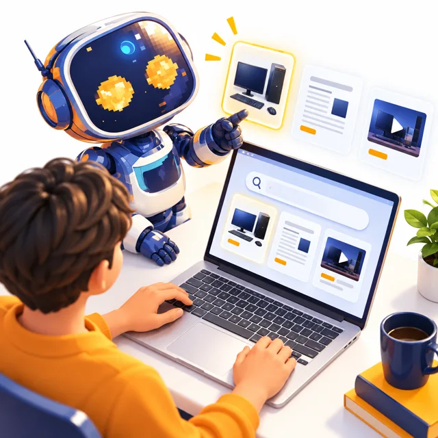 Un client recherche du contenu avec l’aide de la mascotte SGI